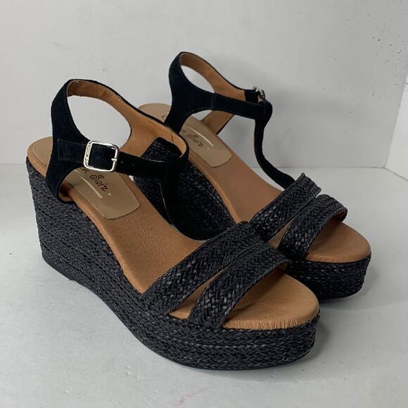 Carmen Saiz black suede T-strap woven jute espadrille platform wedges - Picture 1 of 10